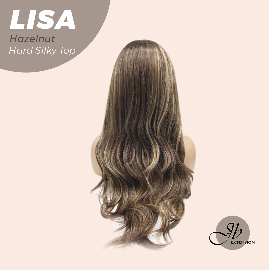 JBEXTENSION 26 Inches Scalpiana Long Curly Hazelnut 3.5X4 Hard Silky Top Natural Scalp Effect Wig with Bangs LISA HAZELNUT
