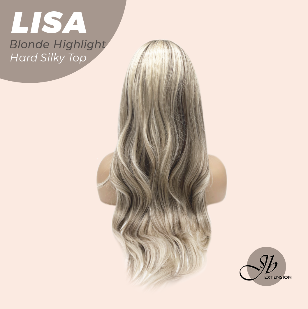 JBEXTENSION 26 Inches Scalpiana Long Curly Blonde Highlight 3.5X4 Hard Silky Top Natural Scalp Effect Wig with Bangs LISA BLONDE HIGHLIGHT