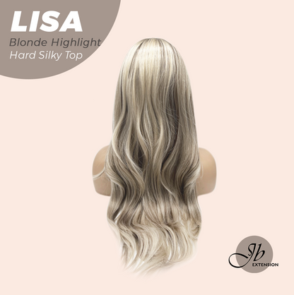JBEXTENSION 26 Inches Scalpiana Long Curly Blonde Highlight 3.5X4 Hard Silky Top Natural Scalp Effect Wig with Bangs LISA BLONDE HIGHLIGHT