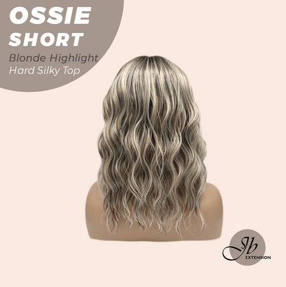 JBEXTENSION 14 Inches Scalpiana Wave Blonde Highlight 3.5X4 Hard Silky Top Natural Scalp Effect Wig with Bangs OSSIE SHORT - BLONDE HIGHLIGHT