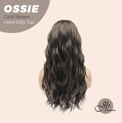 JBEXTENSION 22 Inches Scalpiana Long Wave Cold Brown 3.5X4 Hard Silky Top Natural Scalp Effect Wig with Bangs OSSIE COLD BROWN