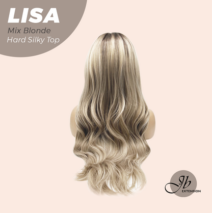 JBEXTENSION 26 Inches Scalpiana Long Curly Mix Blonde 3.5X4 Hard Silky Top Natural Scalp Effect Wig with Bangs LISA MIX BLONDE