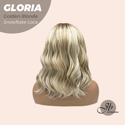 JBEXTENSION 14 Inches Curly Golden Blonde Wig with Bangs Pre-Cut Arc Snowflake Lace Frontlace Glueless Wig GLORIA GOLDEN BLONDE【BENDY EAR TABS】