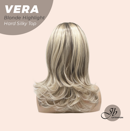 JBEXTENSION 17 Inches Scalpiana Curly Blonde Highlight 3.5X4 Hard Silky Top Natural Scalp Effect Wig with Bangs VERA BLONDE HIGHLIGHT