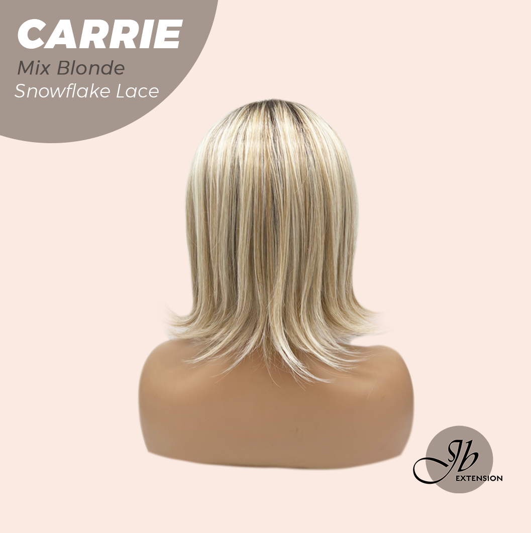 JBEXTENSION 11 Inches Short Hair Mix Blonde Pre-Cut Arc Snowflake Lace Frontlace Glueless Wig with Bangs CARRIE MIX BLONDE【BENDY EAR TABS】