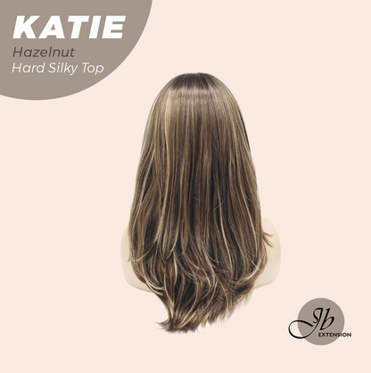 JBEXTENSION 18 Inches Scalpiana Curly Hazelnut 3.5X4 Hard Silky Top Natural Scalp Effect Wig with Bangs KATIE HAZELNUT