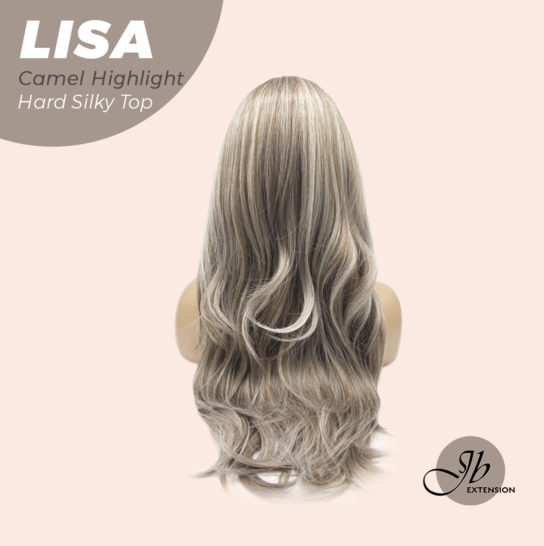 JBEXTENSION 26 Inches Scalpiana Long Curly Camel Highlight 3.5X4 Hard Silky Top Natural Scalp Effect Wig with Bangs LISA CAMEL HIGHLIGHT