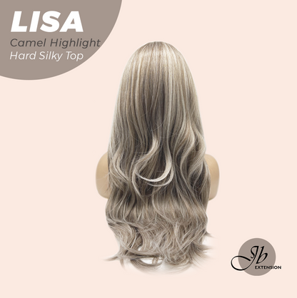 JBEXTENSION 26 Inches Scalpiana Long Curly Camel Highlight 3.5X4 Hard Silky Top Natural Scalp Effect Wig with Bangs LISA CAMEL HIGHLIGHT