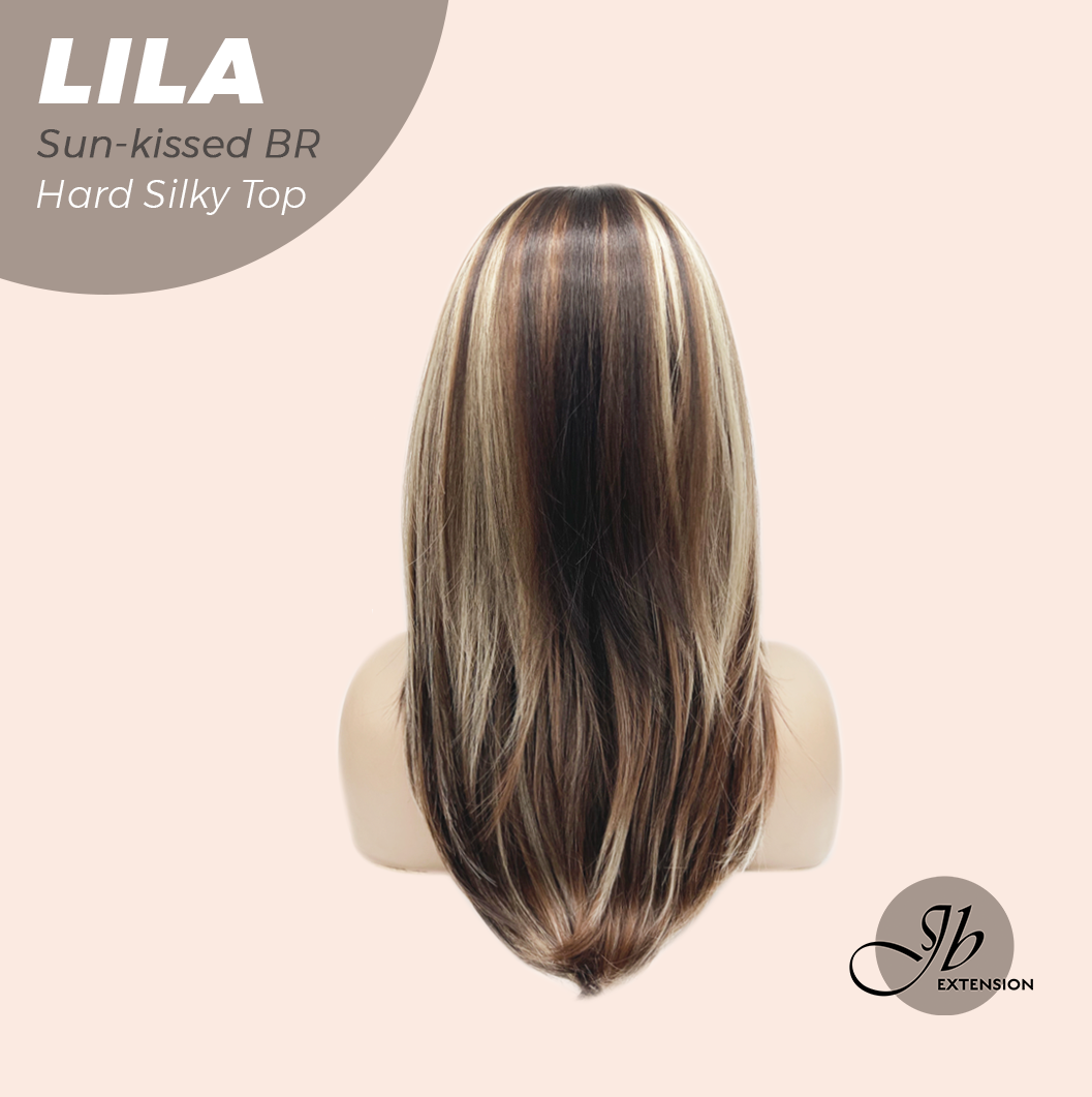 JBEXTENSION 20 Inches Scalpiana Sun-kissed Brown Wolf Cut 3.5X4 Hard Silky Top Natural Scalp Effect Wig with Bangs LILA SUN-KISSED BROWN