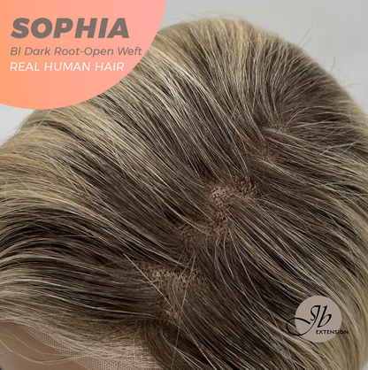 JBEXTENSION 12 Inches Blonde with Dark Root Pre-Cut Free Part Frontlace Glueless Real Human Hair Wig SOPHIA BLONDE WITH DARK ROOT - Open Weft【BENDY EAR TABS】