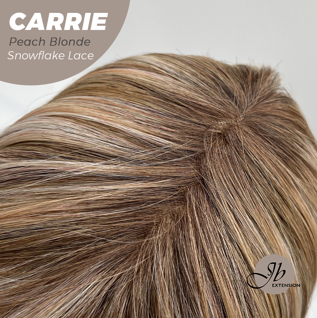 JBEXTENSION 11 Inches Short Hair Peach Blonde Pre-Cut Arc Snowflake Lace Frontlace Glueless Wig with Bangs CARRIE PEACH BLONDE【BENDY EAR TABS】