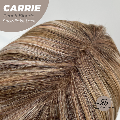JBEXTENSION 11 Inches Short Hair Peach Blonde Pre-Cut Arc Snowflake Lace Frontlace Glueless Wig with Bangs CARRIE PEACH BLONDE【BENDY EAR TABS】