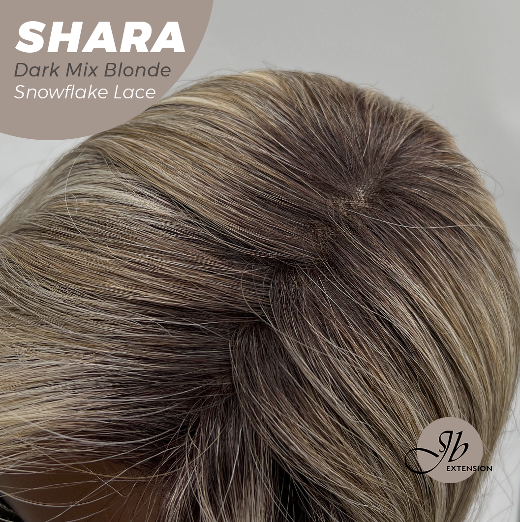 JBEXTENSION 17 Inches Curly Dark Mix Blonde Pre-Cut Arc Snowflake Lace Frontlace Glueless Wig SHARA DARK MIX BLONDE【BENDY EAR TABS】