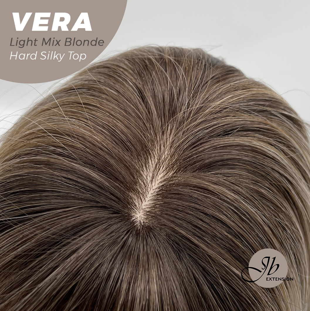 JBEXTENSION 17 Inches Scalpiana Curly Light Mix Blonde 3.5X4 Hard Silky Top Natural Scalp Effect Wig with Bangs VERA LIGHT MIX BLONDE