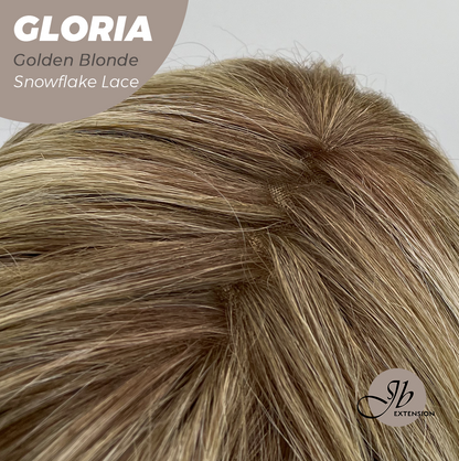 JBEXTENSION 14 Inches Curly Golden Blonde Wig with Bangs Pre-Cut Arc Snowflake Lace Frontlace Glueless Wig GLORIA GOLDEN BLONDE【BENDY EAR TABS】