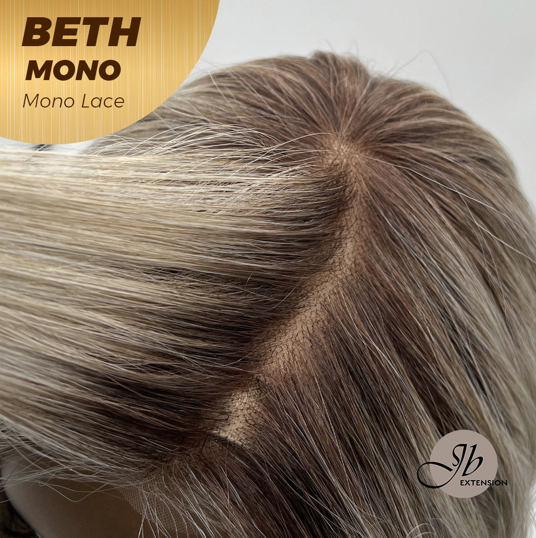 JBEXTENSION BETH MONO Monofilament Handmade Wig 6X5 Full Monofilament Hand Tied Top Wig 17 Inches Cream Grey Mono Lace Wig with Anti-slip Silicone Strips Glueless Wig BETH MONO【BENDY EAR TABS】