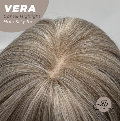 JBEXTENSION 17 Inches Scalpiana Curly Camel Highlight 3.5X4 Hard Silky Top Natural Scalp Effect Wig with Bangs VERA CAMEL HIGHLIGHT