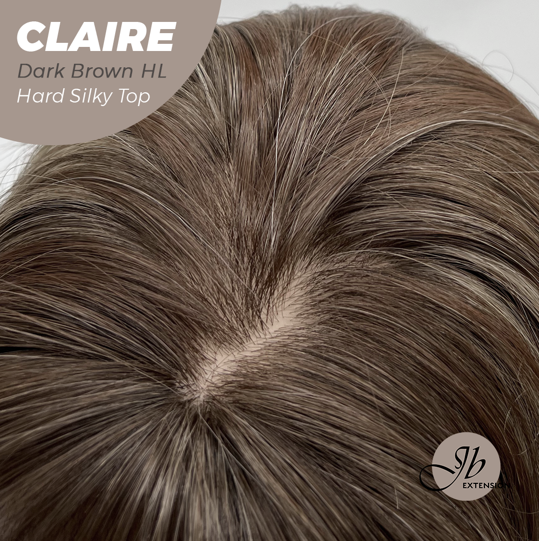 JBEXTENSION 22 Inches Scalpiana Dark Brown Highlight 3.5X4 Hard Silky Top Natural Scalp Effect Women Wig with Bangs CLAIRE SILKY TOP - DARK BROWN HIGHLIGHT