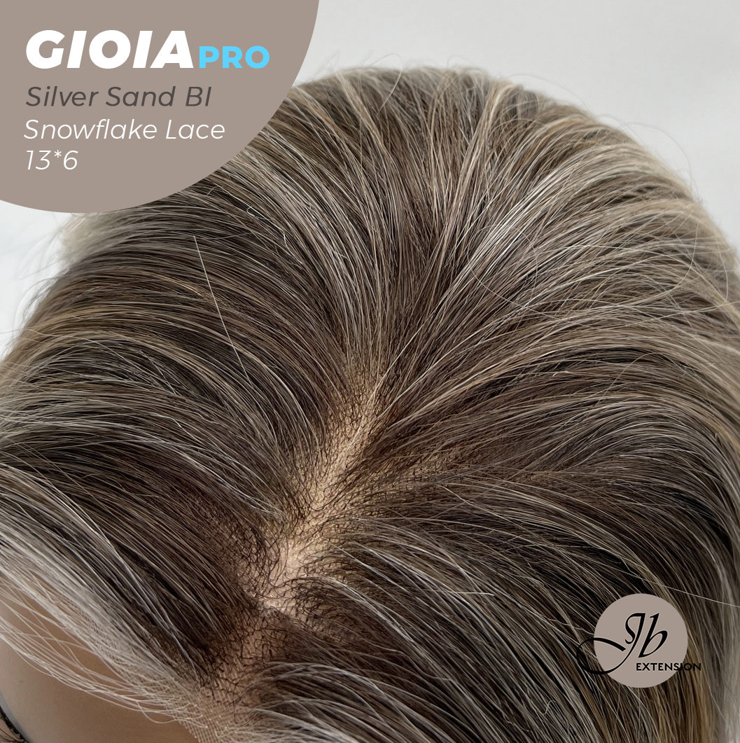 JBEXTENSION 14 Inches Silver Sand Blonde Pre-Cut 13X6 Free Part Snowflake Lace Frontlace Bob Cut Glueless Wig GIOIA PRO - SILVER SAND BLONDE【BENDY EAR TABS】