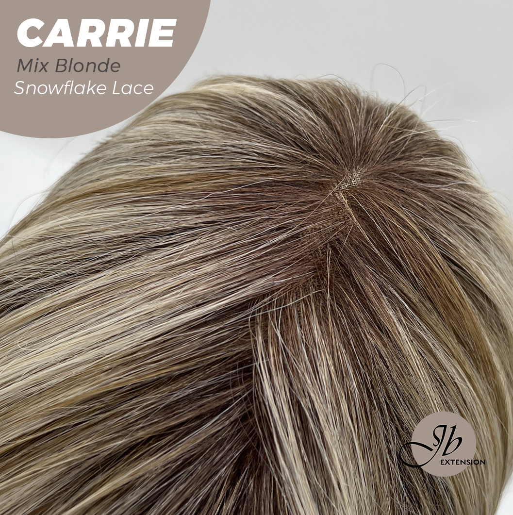 JBEXTENSION 11 Inches Short Hair Mix Blonde Pre-Cut Arc Snowflake Lace Frontlace Glueless Wig with Bangs CARRIE MIX BLONDE【BENDY EAR TABS】