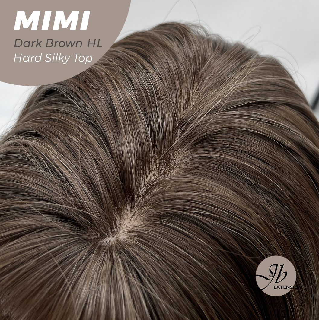 JBEXTENSION 16 Inches Scalpiana 3.5X4 Hard Silky Top Natural Scalp Effect Dark Brown Highlight Body Wave Wig with Bangs Wig MIMI SILK TOP - DARK BROWN HIGHLIGHT