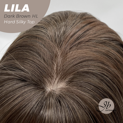 JBEXTENSION 20 Inches Scalpiana Dark Brown Highlight Wolf Cut 3.5X4 Hard Silky Top Natural Scalp Effect Wig With Bangs LILA DARK BROWN HIGHLIGHT