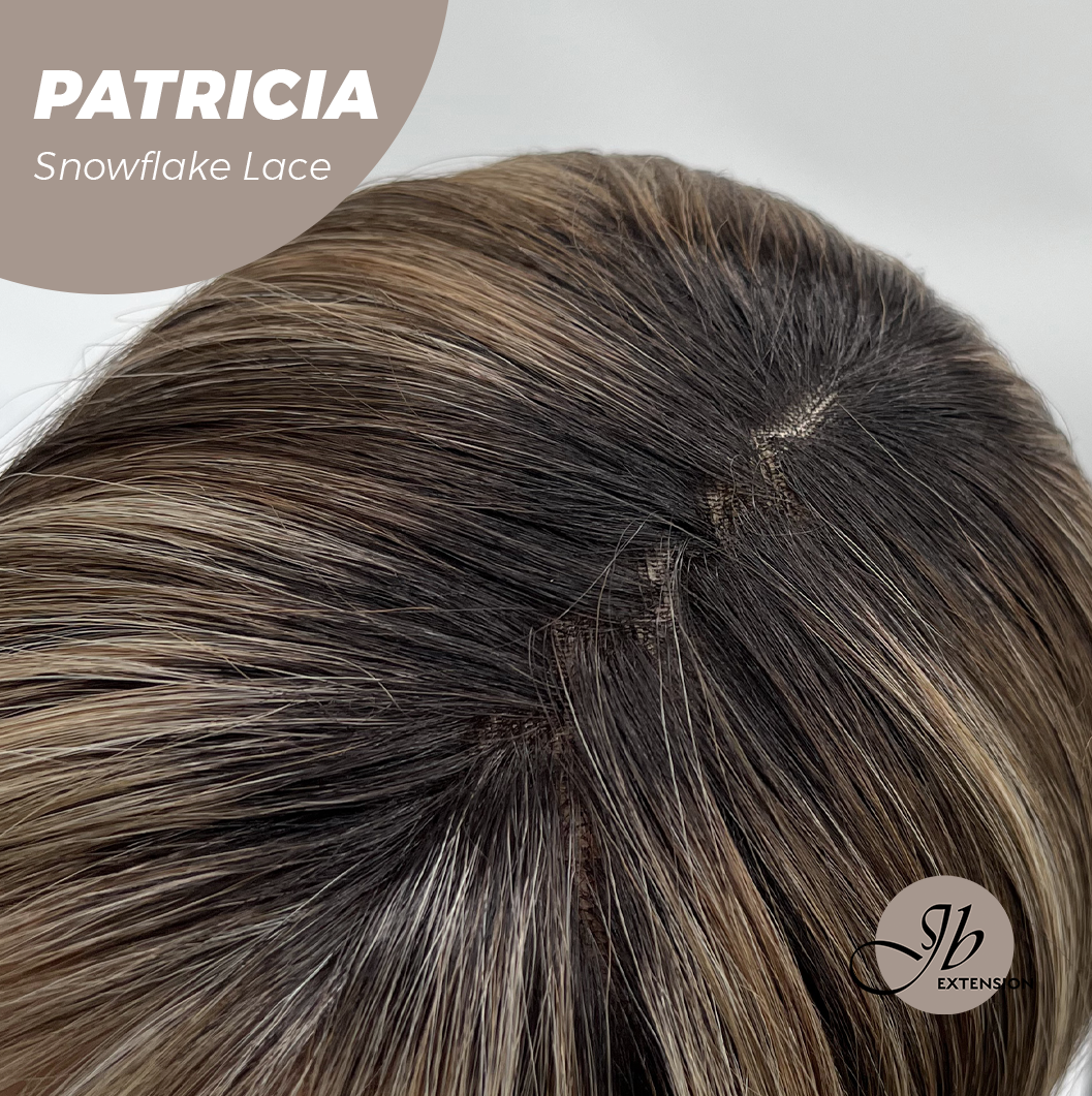JBEXTENSION 17 Inches Dark Mix Blonde Pre-Cut Arc Snowflake Lace Frontlace Glueless Wig with Bangs PATRICIA【BENDY EAR TABS】