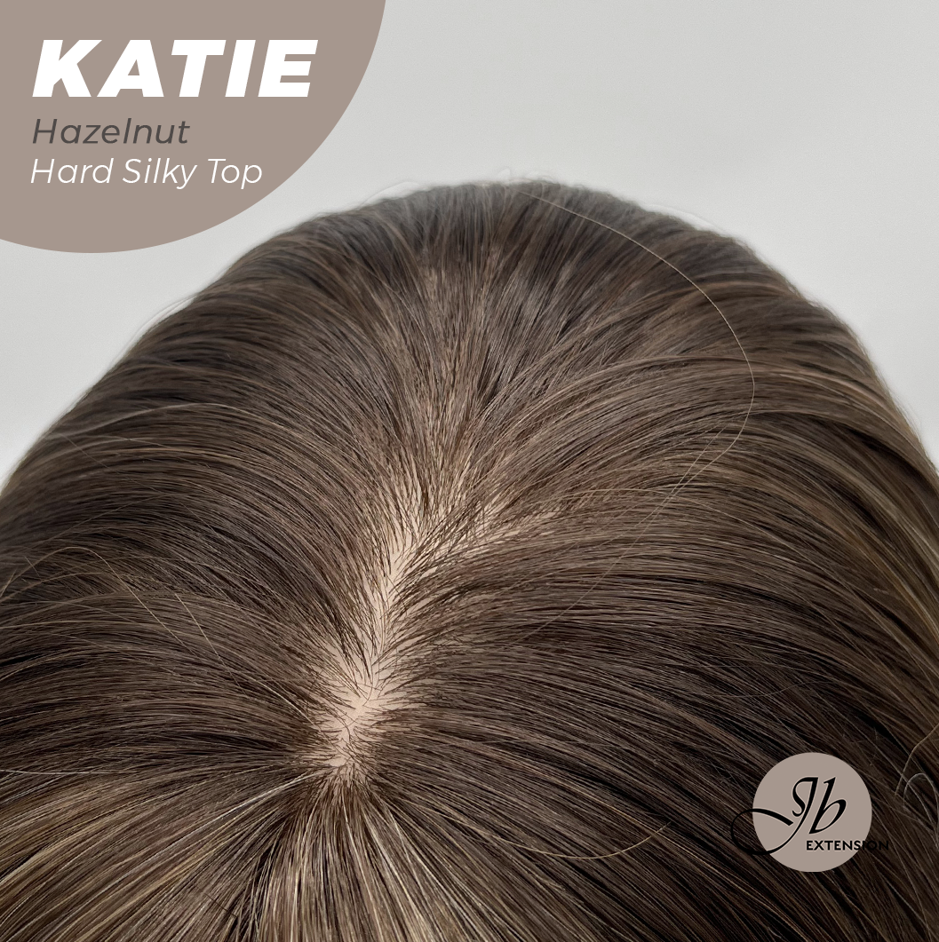JBEXTENSION 18 Inches Scalpiana Curly Hazelnut 3.5X4 Hard Silky Top Natural Scalp Effect Wig with Bangs KATIE HAZELNUT