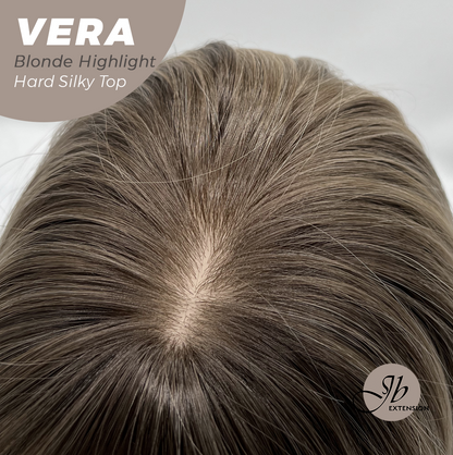 JBEXTENSION 17 Inches Scalpiana Curly Blonde Highlight 3.5X4 Hard Silky Top Natural Scalp Effect Wig with Bangs VERA BLONDE HIGHLIGHT
