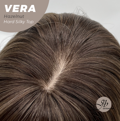 JBEXTENSION 17 Inches Scalpiana Curly Hazelnut 3.5X4 Hard Silky Top Natural Scalp Effect Wig with Bangs VERA CAMEL HAZELNUT