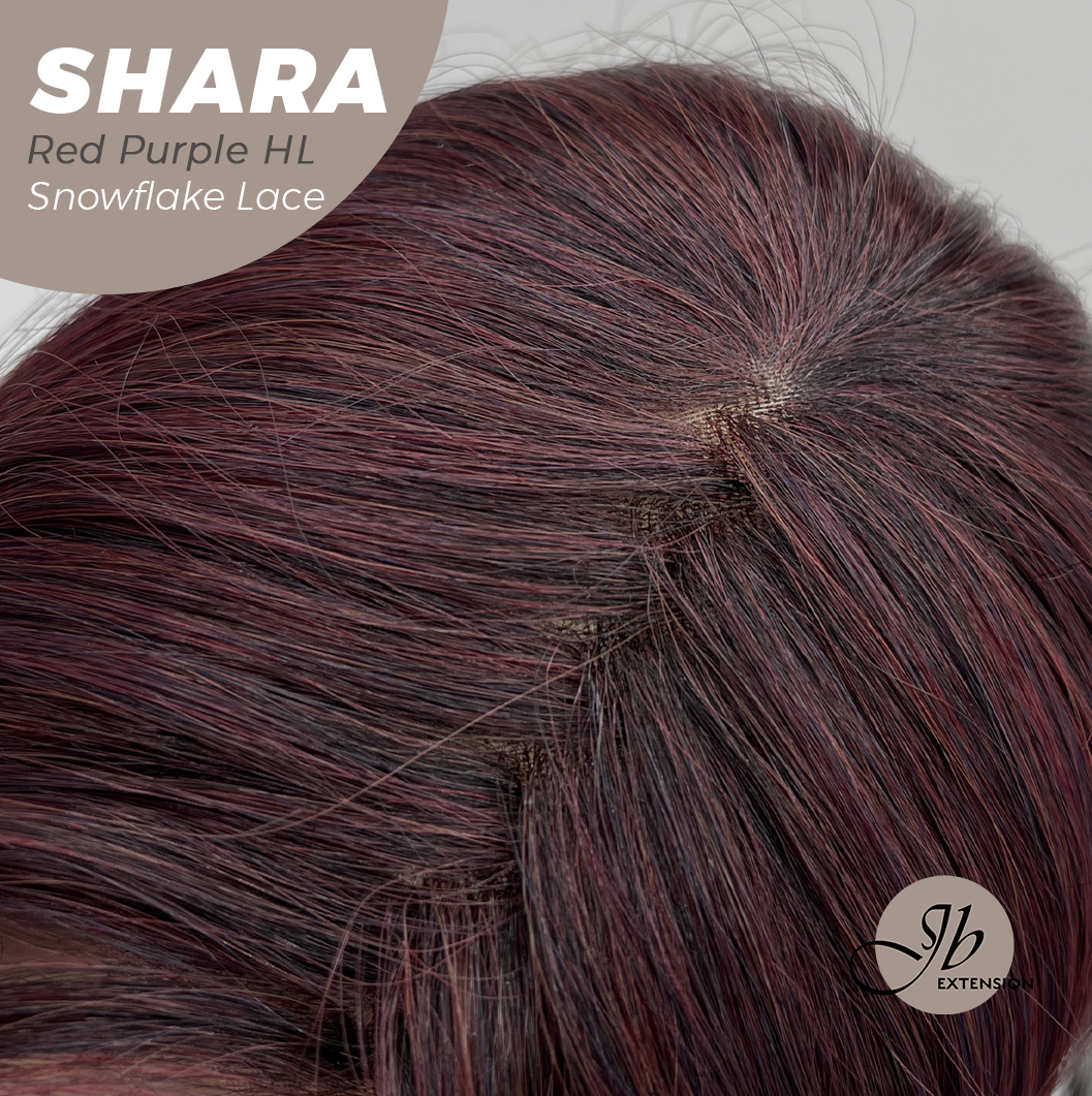 [FINAL SALE] JBEXTENSION 17 Inches Curly Red Purple Highlight Pre-Cut Arc Snowflake Lace Frontlace Glueless Wig SHARA RED PURPLE HIGHLIGHT【BENDY EAR TABS】