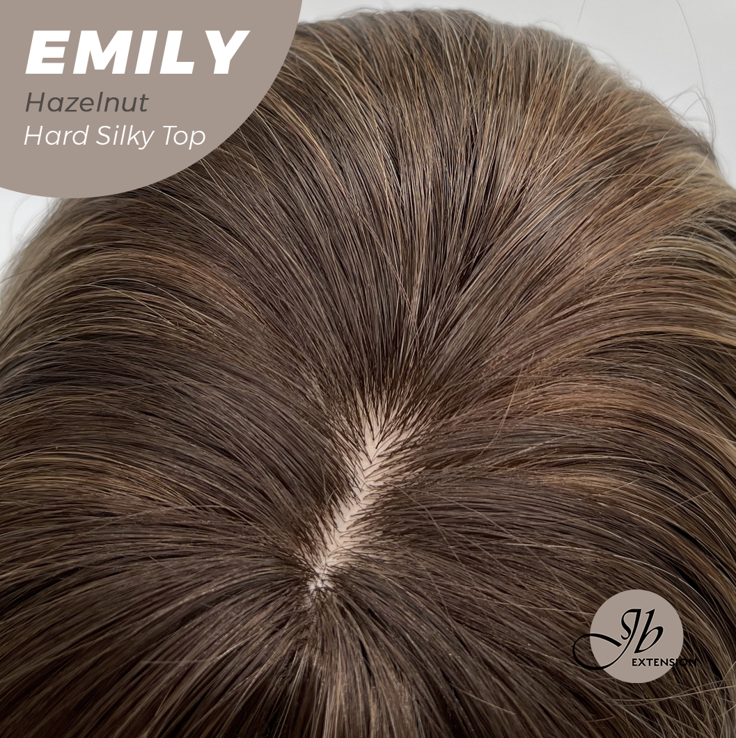 JBEXTENSION 18 Inches Scalpiana Curly Hazelnut 3.5X4 Hard Silky Top Natural Scalp Effect Wig with Bangs EMILY HAZELNUT