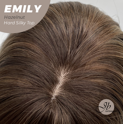 JBEXTENSION 18 Inches Scalpiana Curly Hazelnut 3.5X4 Hard Silky Top Natural Scalp Effect Wig with Bangs EMILY HAZELNUT