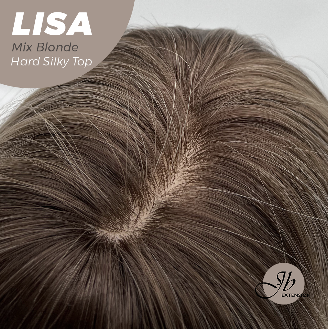JBEXTENSION 26 Inches Scalpiana Long Curly Mix Blonde 3.5X4 Hard Silky Top Natural Scalp Effect Wig with Bangs LISA MIX BLONDE