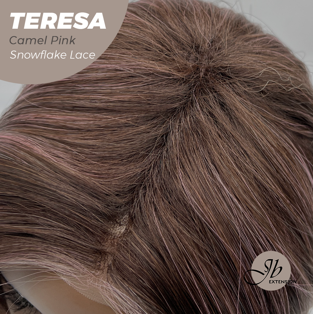 JBEXTENSION 18 Inches Camel Pink Pre-Cut Snowflake Lace Frontlace Glueless Wig TERESA CAMEL PINK【PERMATEASE】【BENDY EAR TABS】- M/L