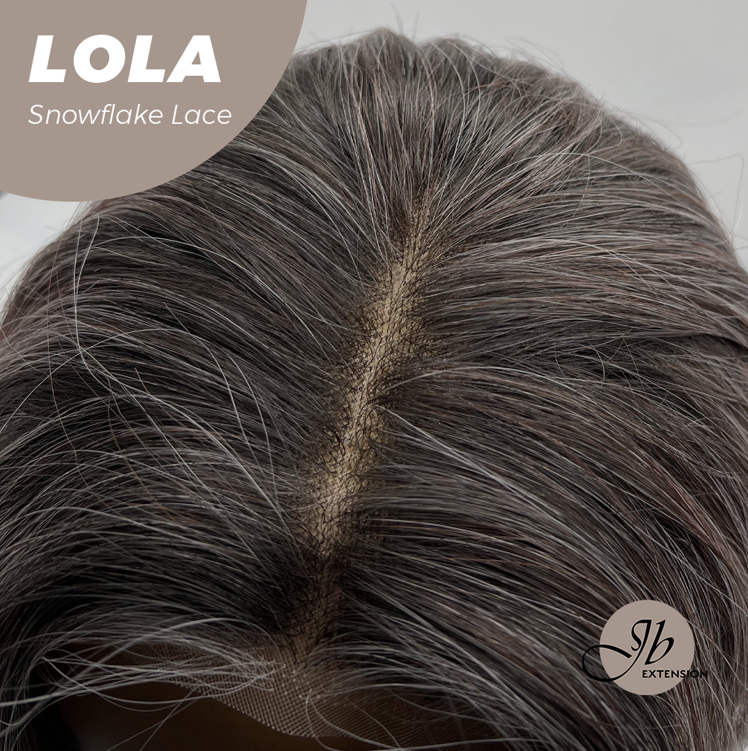 JBEXTENSION 20 Inches Curly Dark Brown with Grey Meches Hair Pre-Cut Arc Snowflake Lace Frontlace Glueless Wig LOLA SNOWFLAKE【BENDY EAR TABS】