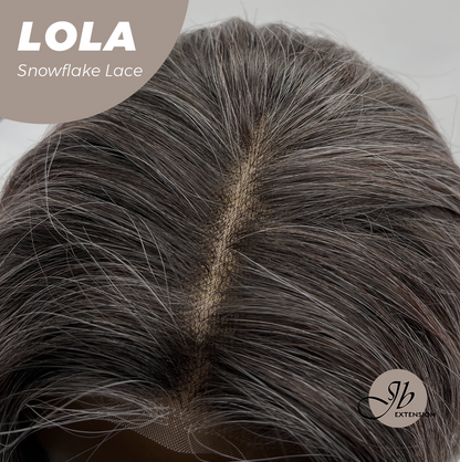 JBEXTENSION 20 Inches Curly Dark Brown with Grey Meches Hair Pre-Cut Arc Snowflake Lace Frontlace Glueless Wig LOLA SNOWFLAKE【BENDY EAR TABS】