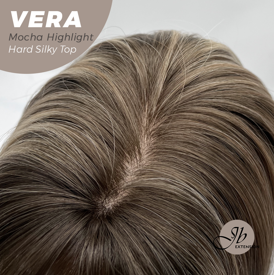 JBEXTENSION 17 Inches Scalpiana Curly Mocha Highlight 3.5X4 Hard Silky Top Natural Scalp Effect Wig with Bangs VERA MOCHA HIGHLIGHT