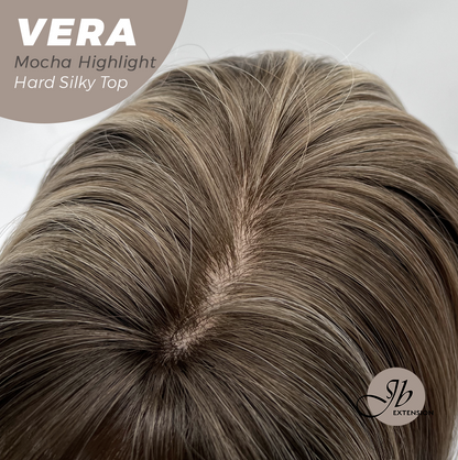 JBEXTENSION 17 Inches Scalpiana Curly Mocha Highlight 3.5X4 Hard Silky Top Natural Scalp Effect Wig with Bangs VERA MOCHA HIGHLIGHT