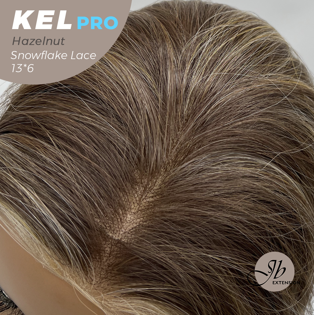 JBEXTENSION 22 Inches Hazelnut Blonde Highlight Pre-Cut 13X6 Free Part Snowflake Lace Frontlace Glueless Wig KEL PRO - HAZELNUT【BENDY EAR TABS】
