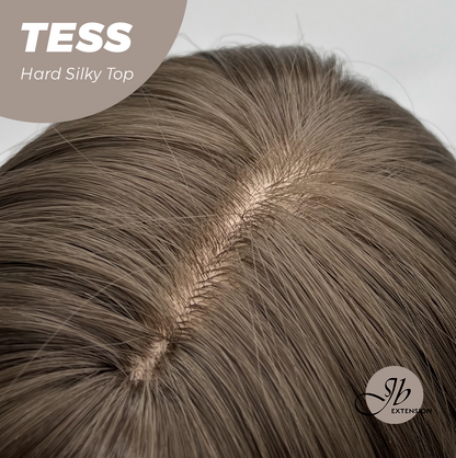 JBEXTENSION 15 Inches Scalpiana Wave Light Brown with Highlight 3.5X4 Hard Silky Top Natural Scalp Effect Wig with Bangs TESS