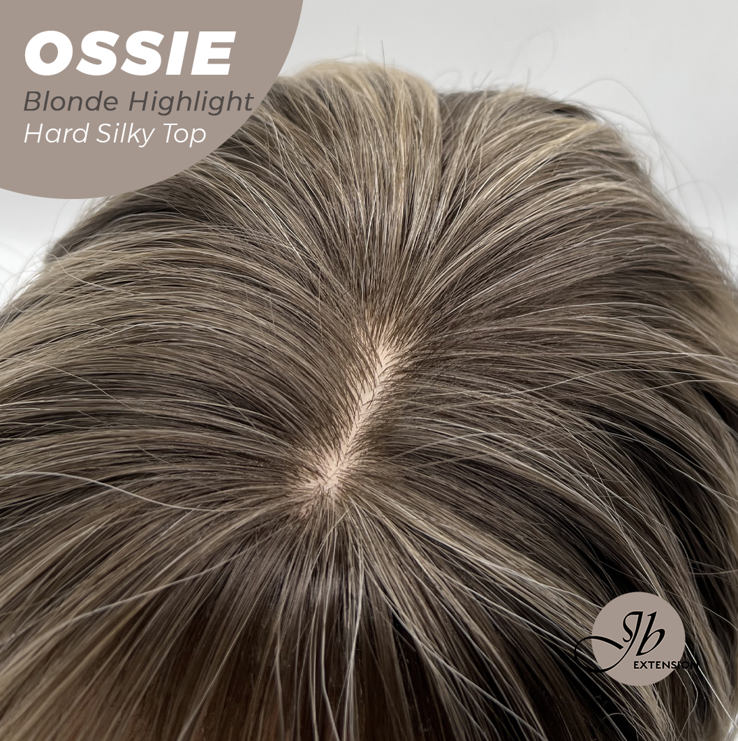 JBEXTENSION 22 Inches Scalpiana Long Wave Blonde Highlight 3.5X4 Hard Silky Top Natural Scalp Effect Wig with Bangs OSSIE BLONDE HIGHLIGHT