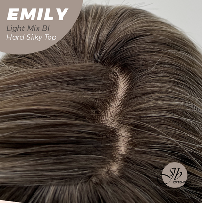 JBEXTENSION 18 Inches Scalpiana Curly Light Mix Blonde 3.5X4 Hard Silky Top Natural Scalp Effect Wig with Bangs EMILY LIGHT MIX BLONDE