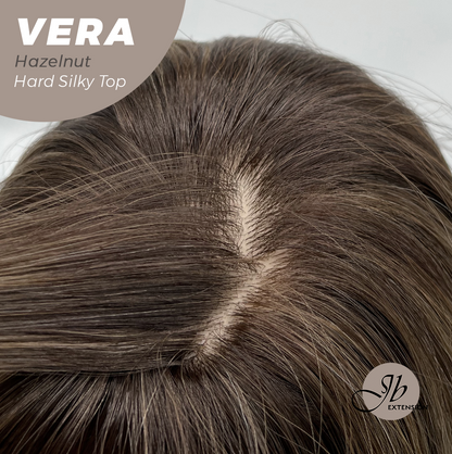 JBEXTENSION 17 Inches Scalpiana Curly Hazelnut 3.5X4 Hard Silky Top Natural Scalp Effect Wig with Bangs VERA CAMEL HAZELNUT