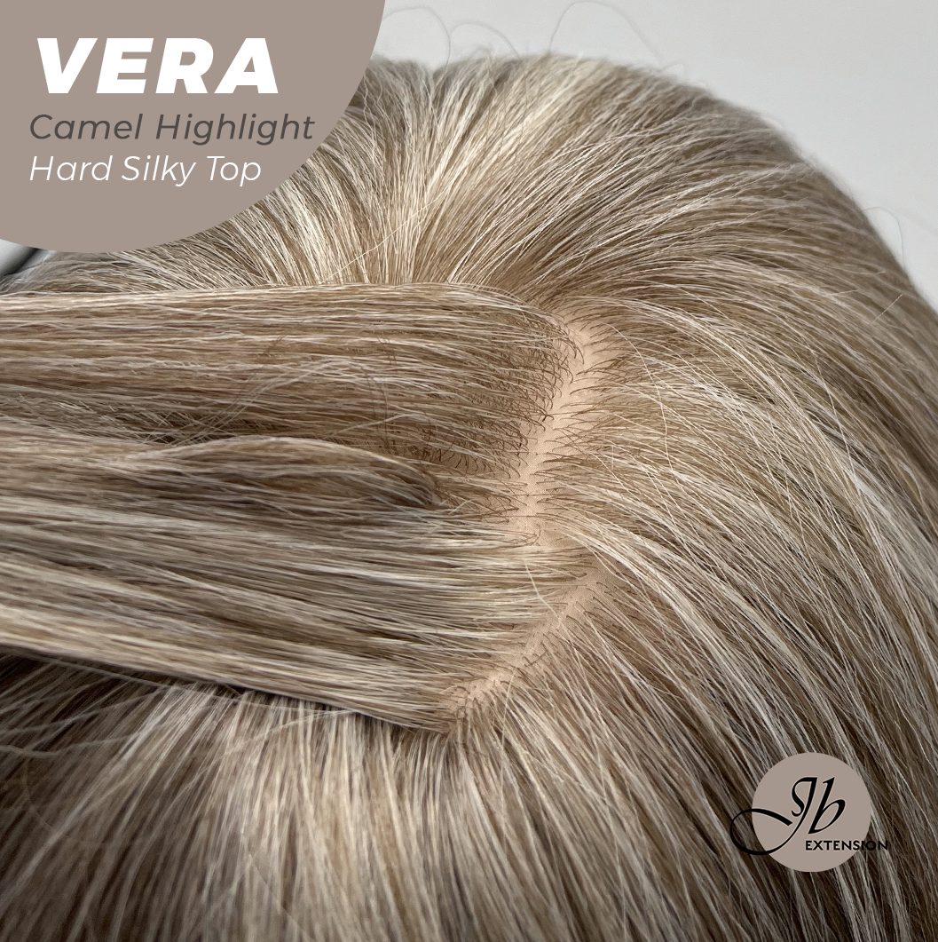 JBEXTENSION 17 Inches Scalpiana Curly Camel Highlight 3.5X4 Hard Silky Top Natural Scalp Effect Wig with Bangs VERA CAMEL HIGHLIGHT