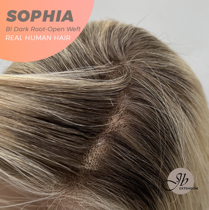 JBEXTENSION 12 Inches Blonde with Dark Root Pre-Cut Free Part Frontlace Glueless Real Human Hair Wig SOPHIA BLONDE WITH DARK ROOT - Open Weft【BENDY EAR TABS】