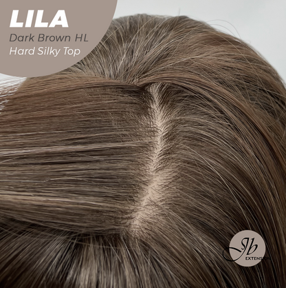 JBEXTENSION 20 Inches Scalpiana Dark Brown Highlight Wolf Cut 3.5X4 Hard Silky Top Natural Scalp Effect Wig With Bangs LILA DARK BROWN HIGHLIGHT