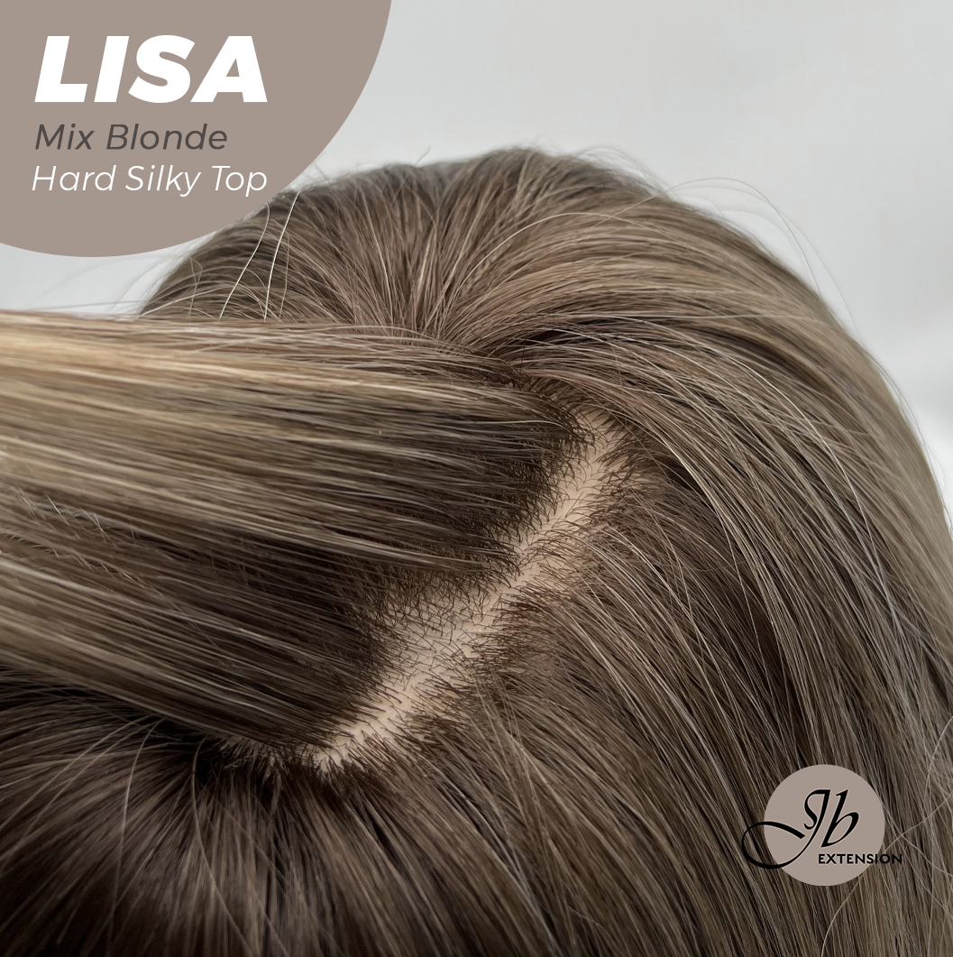 JBEXTENSION 26 Inches Scalpiana Long Curly Mix Blonde 3.5X4 Hard Silky Top Natural Scalp Effect Wig with Bangs LISA MIX BLONDE