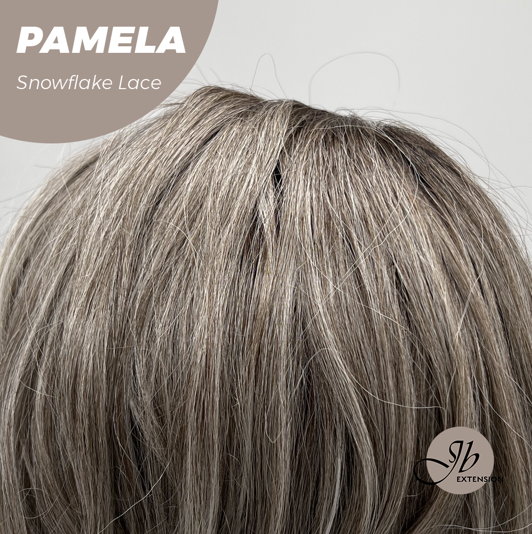 JBEXTENSION 18 Inches Curly Smog Ash Grey Pre-Cut Side Part Snowflake Lace Frontlace Black Sapphire Glueless Wig PAMELA - BLACK SAPPHIRE【BENDY EAR TABS】