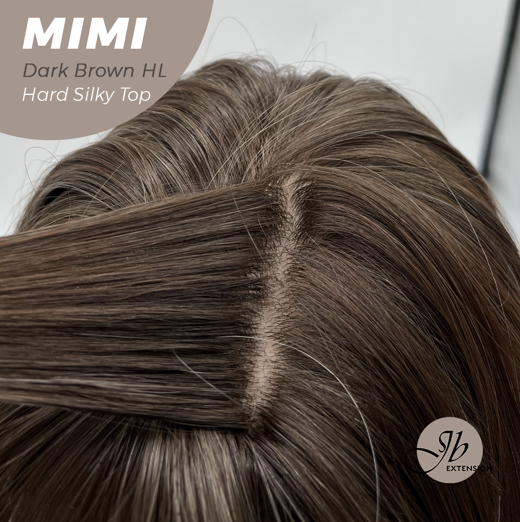 JBEXTENSION 16 Inches Scalpiana 3.5X4 Hard Silky Top Natural Scalp Effect Dark Brown Highlight Body Wave Wig with Bangs Wig MIMI SILK TOP - DARK BROWN HIGHLIGHT